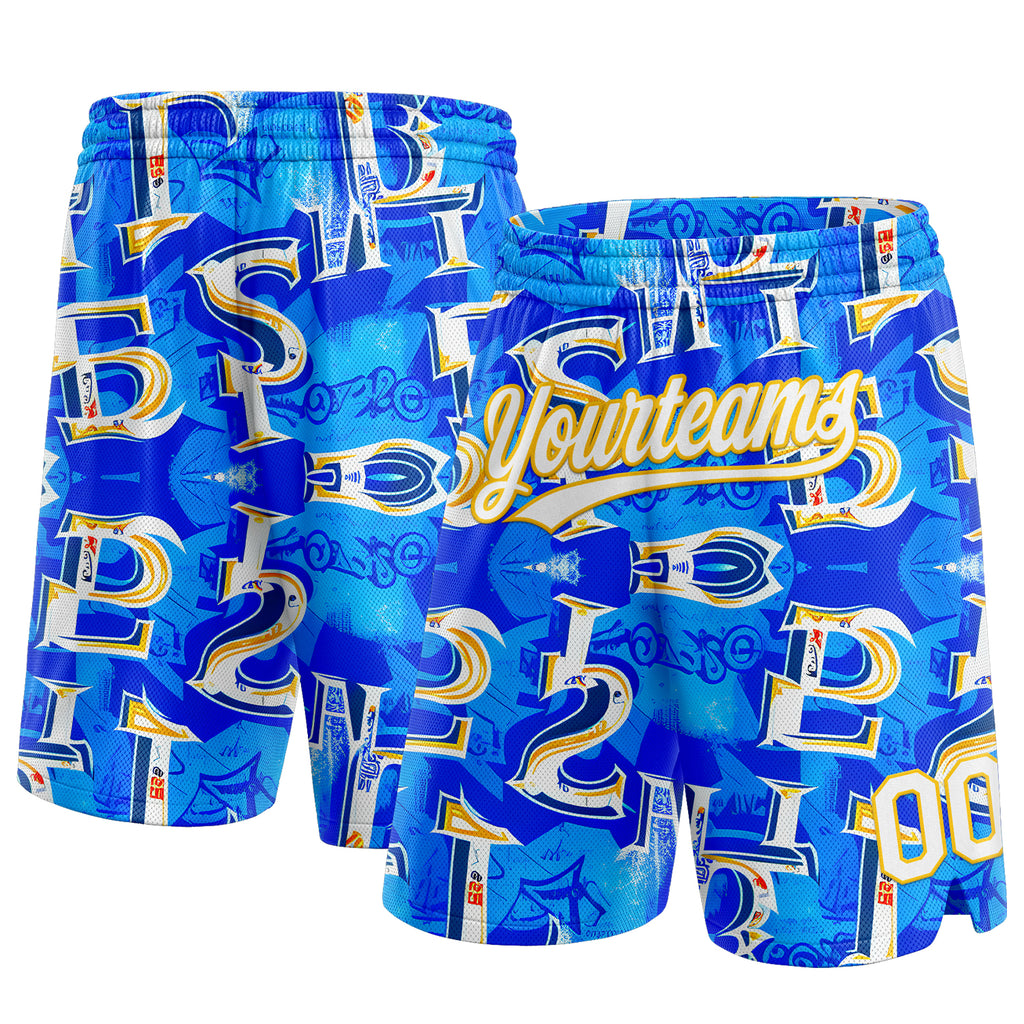 Custom Royal White-Yellow 3D Pattern Ocean Graphic Geometry Authentic Basketball Shorts