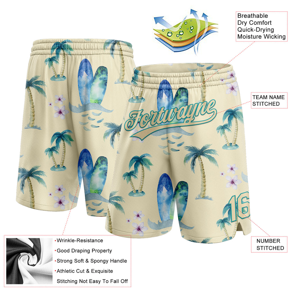 Custom City Cream Teal 3D Pattern Hawaii Coconut Palms Authentic Basketball Shorts