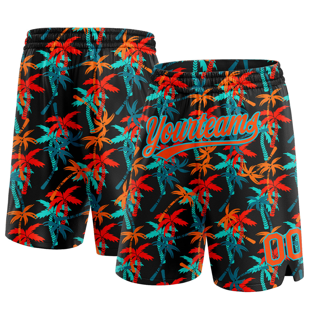 Custom Black Orange-Lakes Blue 3D Pattern Hawaii Coconut Palms Authentic Basketball Shorts
