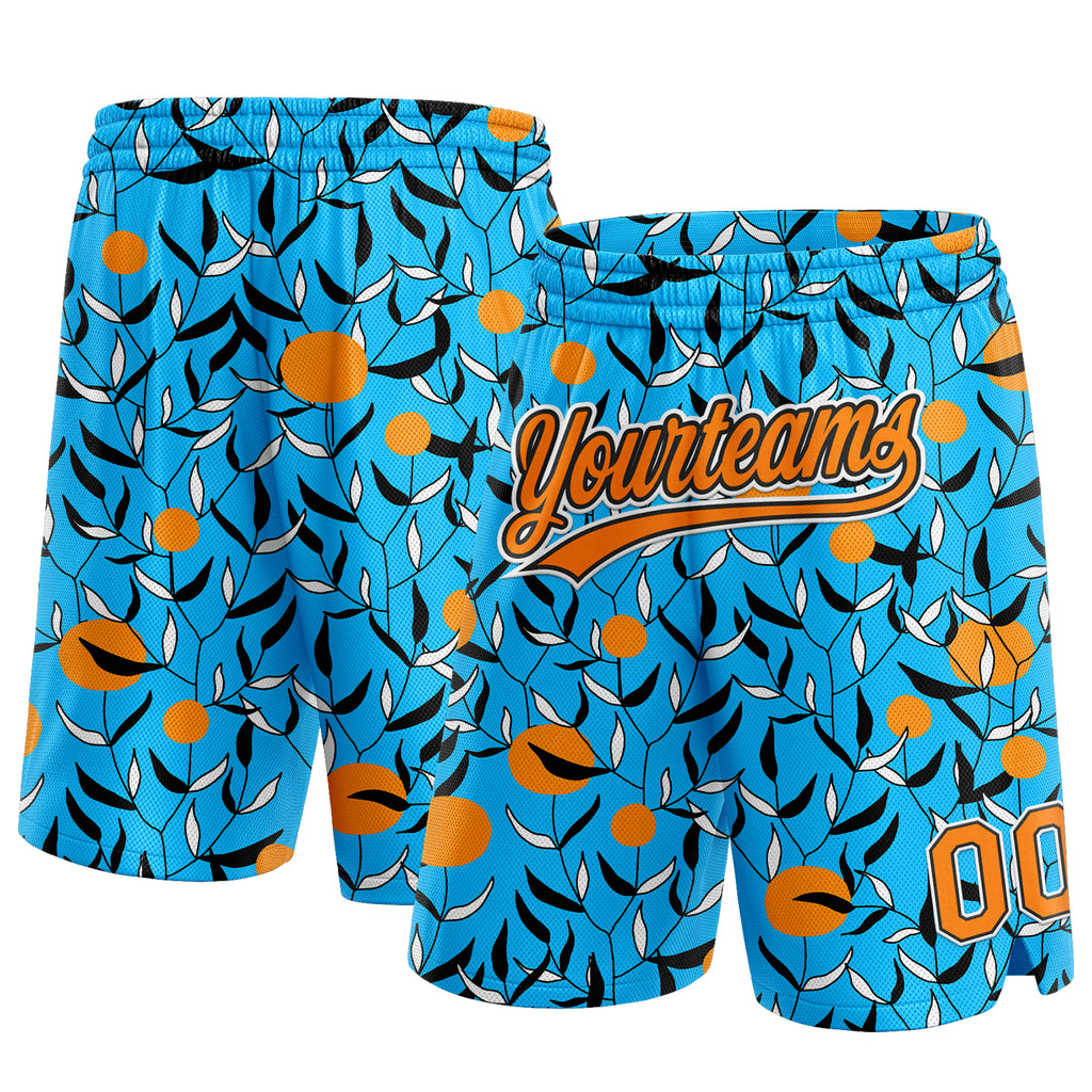 Custom Lakes Blue Bay Orange-Black 3D Pattern Hawaii Leaves And Orange Authentic Basketball Shorts