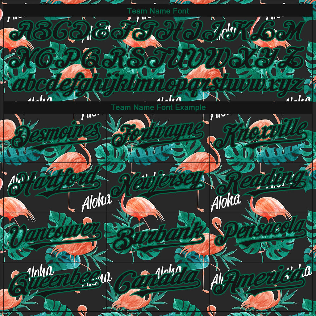 Custom Black Kelly Green 3D Pattern Design Hawaii Flamingos And Leaves Authentic Baseball Jersey