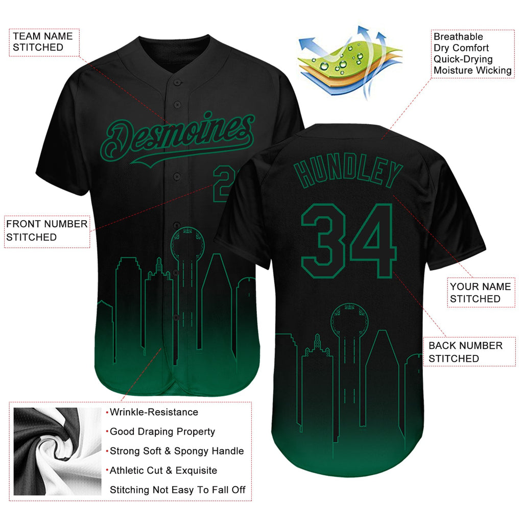 Custom Black Kelly Green 3D Dallas City Edition Fade Fashion Authentic Baseball Jersey