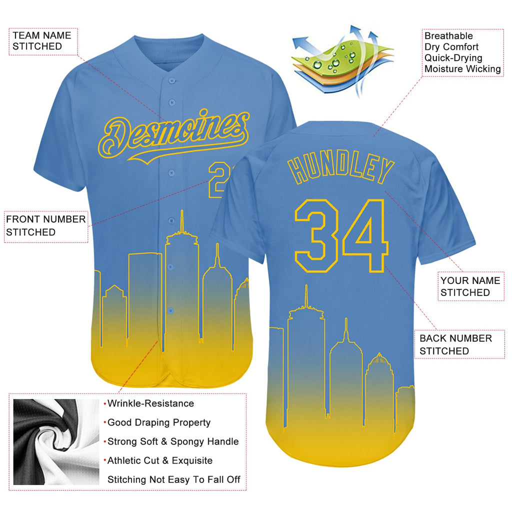 Custom Light Blue Yellow 3D Boston City Edition Fade Fashion Authentic Baseball Jersey