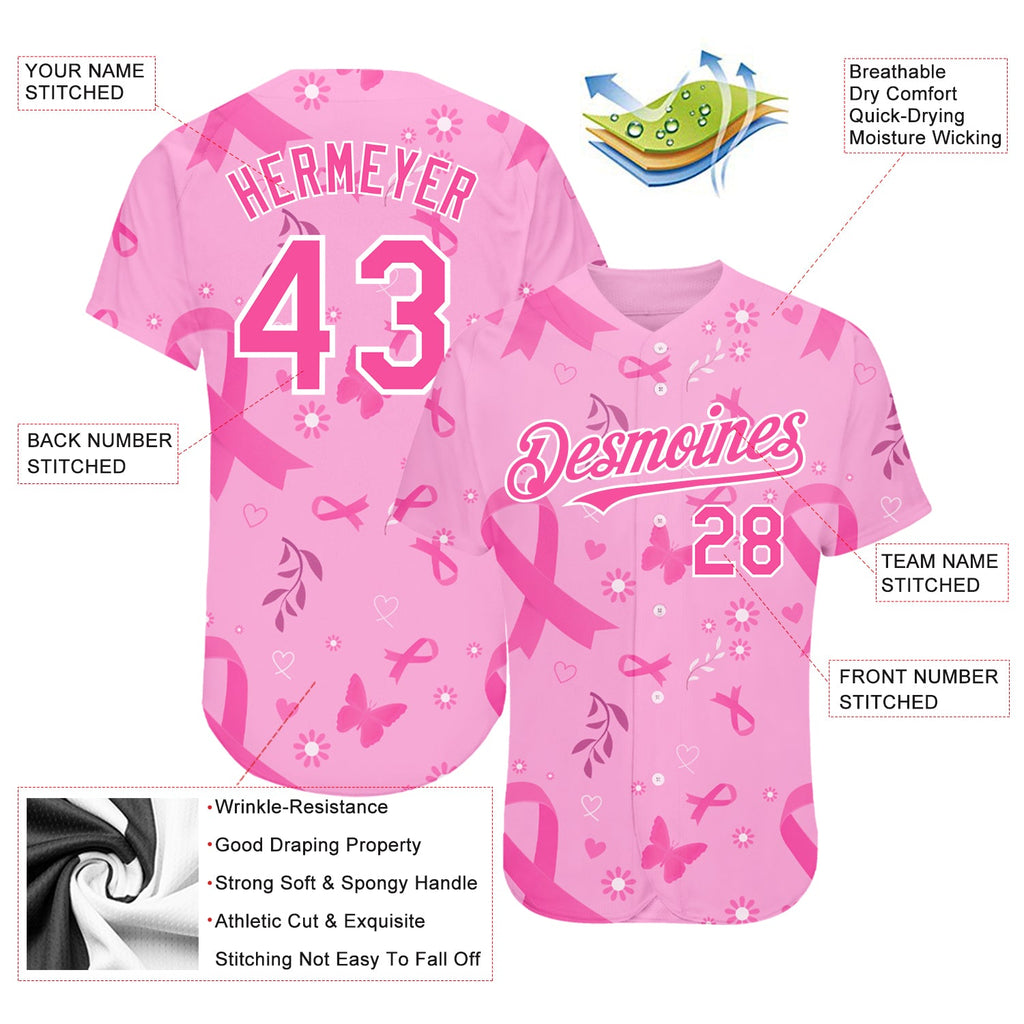 Custom Pink White 3D Pink Ribbon Breast Cancer Awareness Month Women Health Care Support Authentic Baseball Jersey