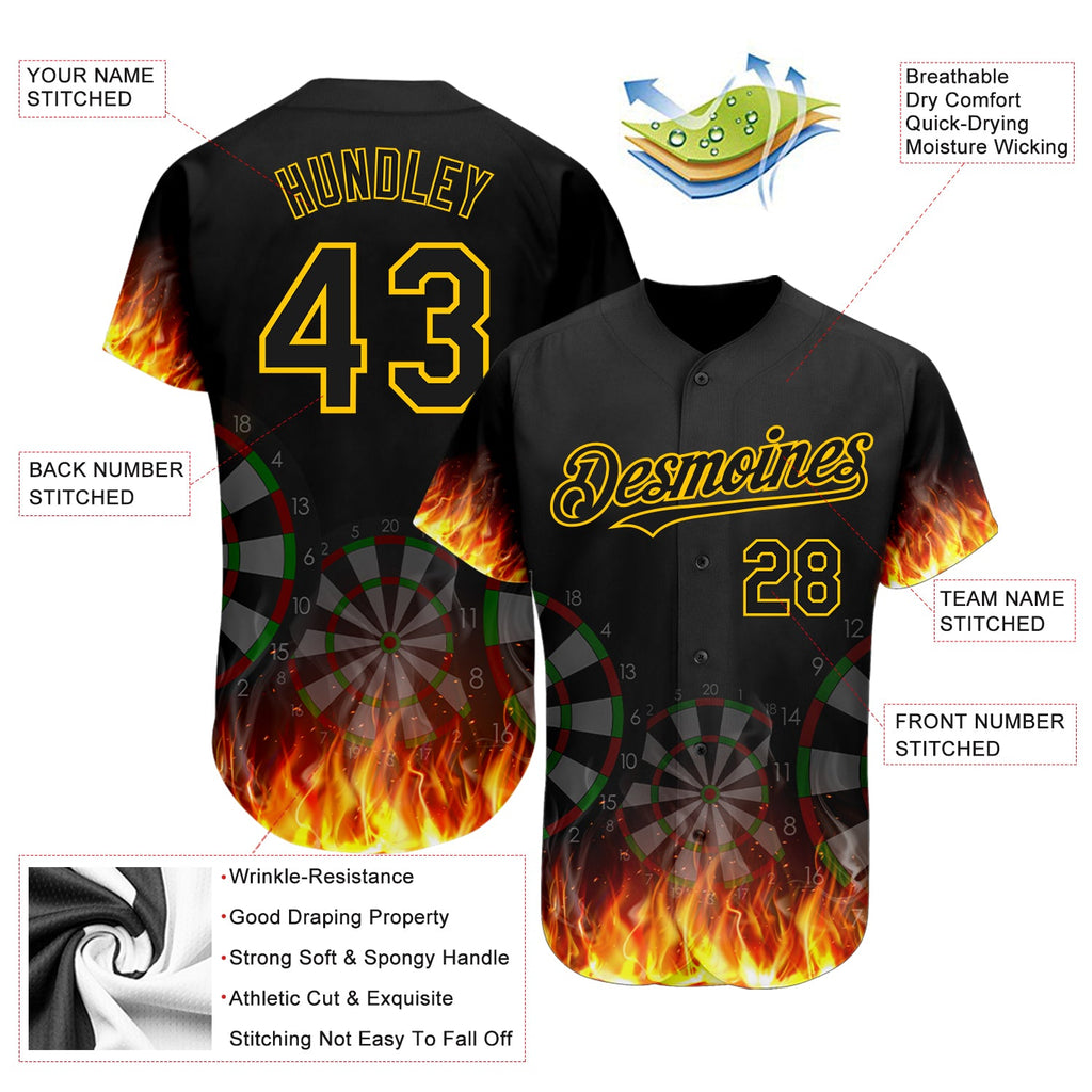 Custom Black Gold 3D Pattern Design Flame Dart Board Authentic Baseball Jersey