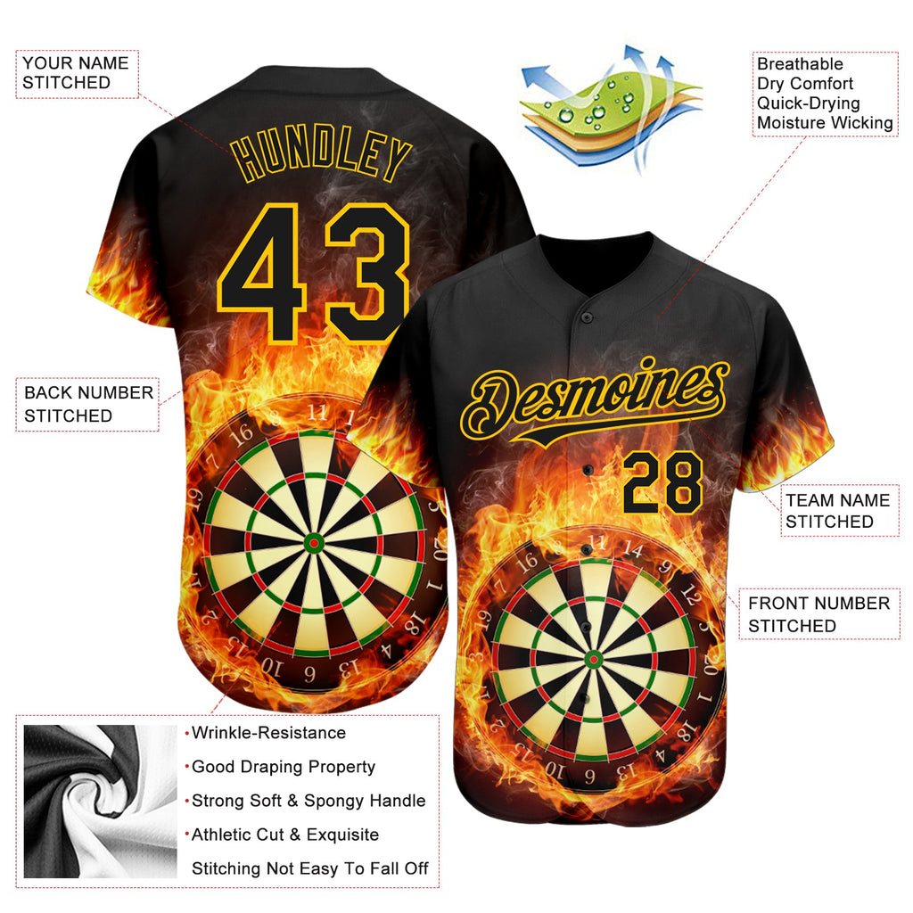 Custom Black Gold 3D Pattern Design Flame Dart Board Authentic Baseball Jersey