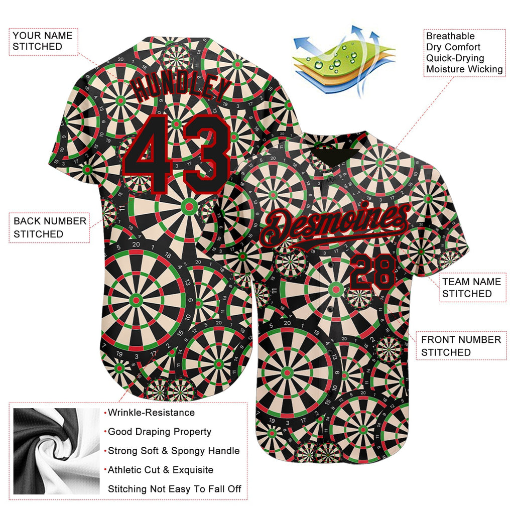 Custom Black Red 3D Pattern Design Dart Board Authentic Baseball Jersey