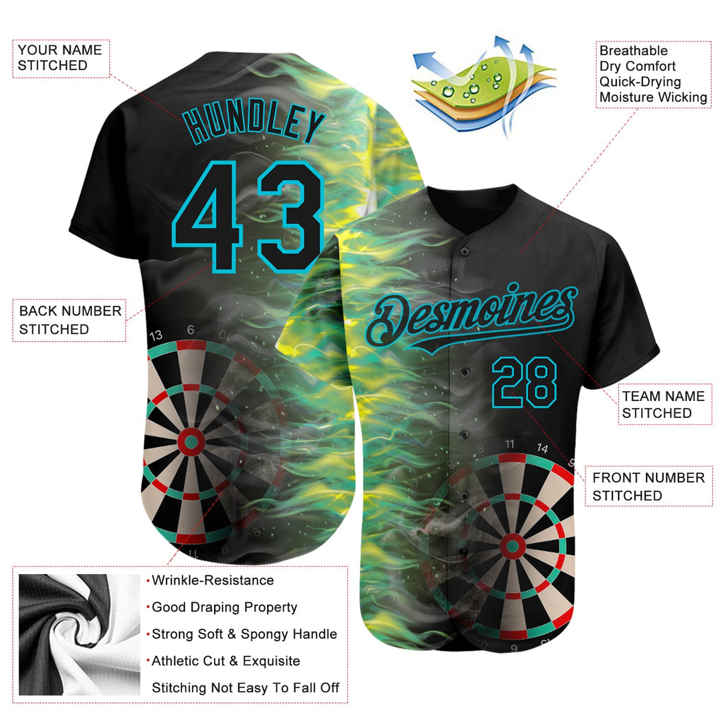 Custom Black Lakes Blue 3D Pattern Design Fiery Dart Board Authentic Baseball Jersey