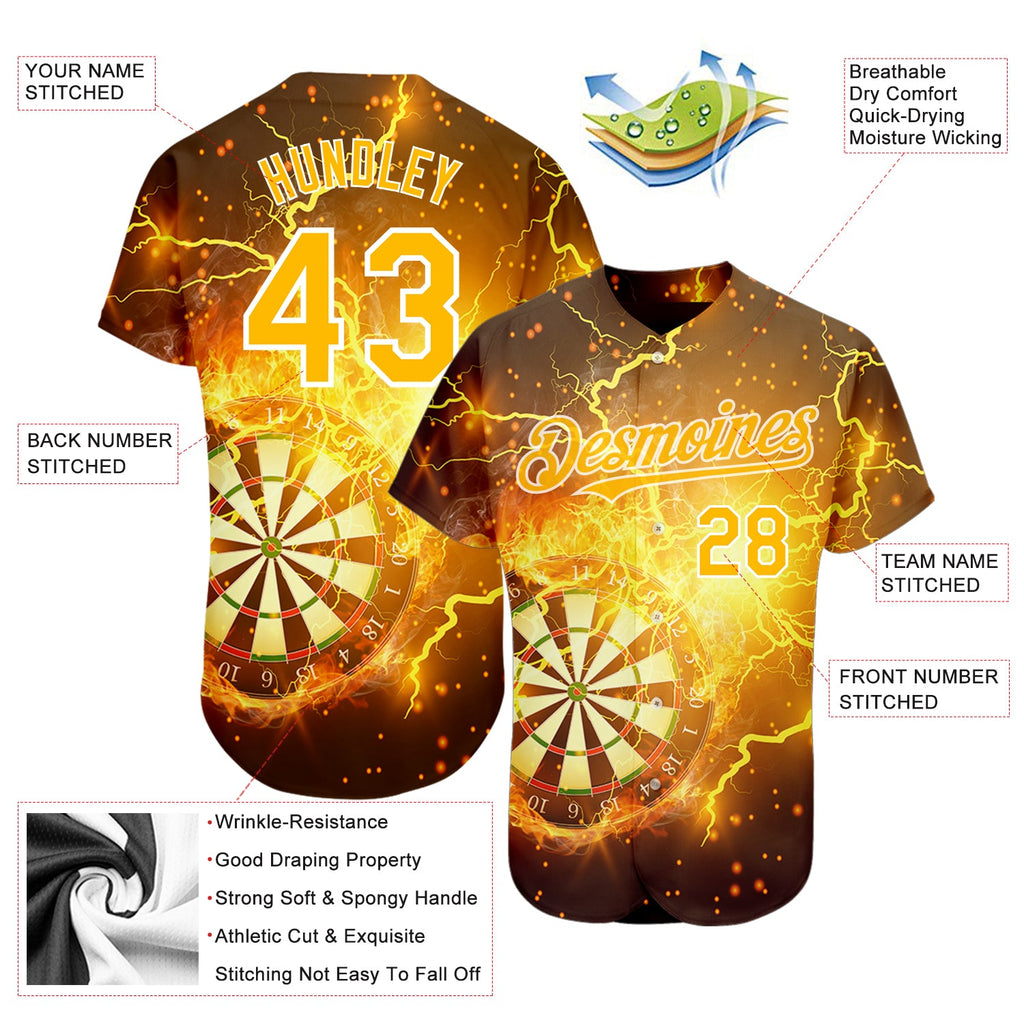 Custom Black Gold-White 3D Pattern Design Lightning Flame Dart Board Authentic Baseball Jersey