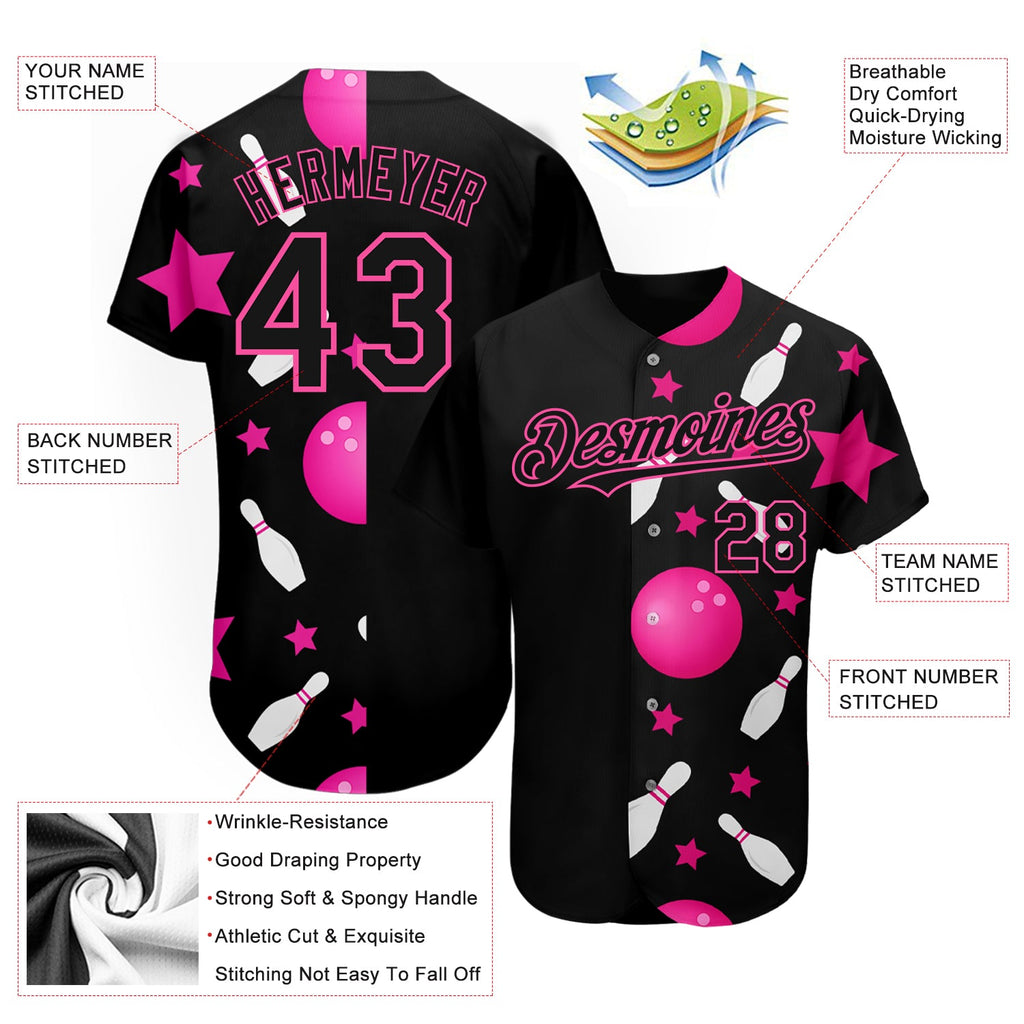 Custom Black Pink 3D Pattern Design Bowling Authentic Baseball Jersey