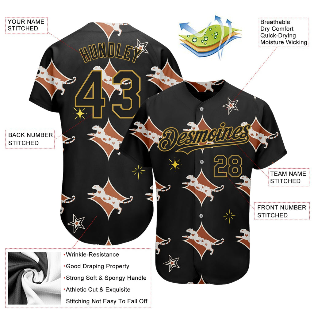 Custom Black Old Gold 3D Pattern Design Leopard Authentic Baseball Jersey