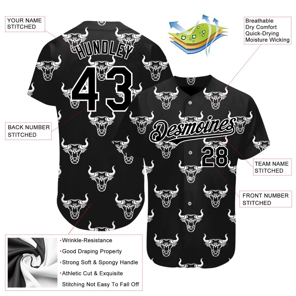Custom Black White 3D Pattern Design Ox Authentic Baseball Jersey