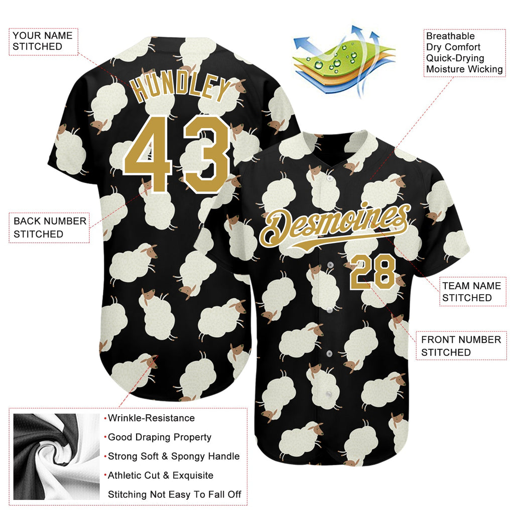 Custom Black Old Gold-White 3D Pattern Design Goat Authentic Baseball Jersey