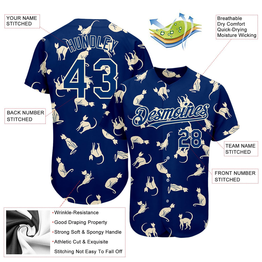 Custom US Navy Blue Cream 3D Pattern Design Cat Authentic Baseball Jersey