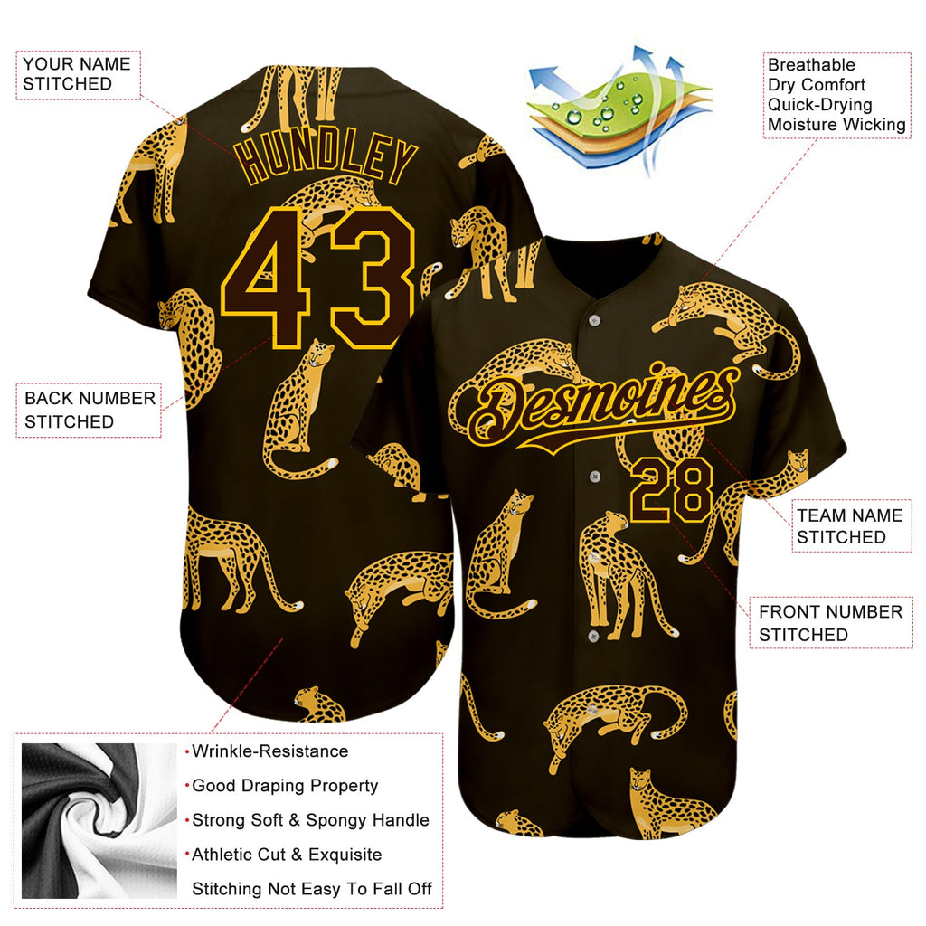 Custom Brown Yellow 3D Pattern Design Leopard Authentic Baseball Jersey