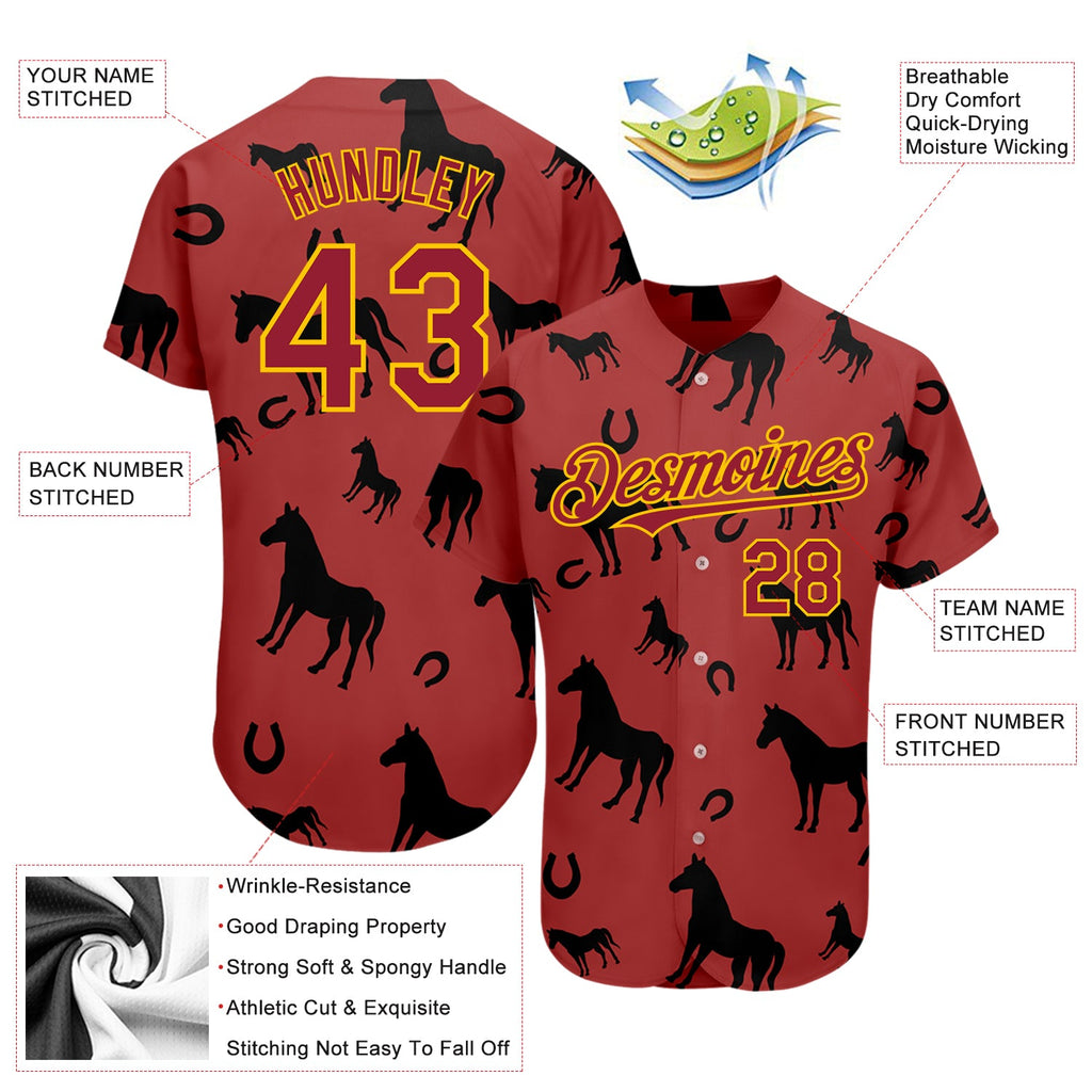 Custom Cardinal Yellow 3D Pattern Design Horse Authentic Baseball Jersey