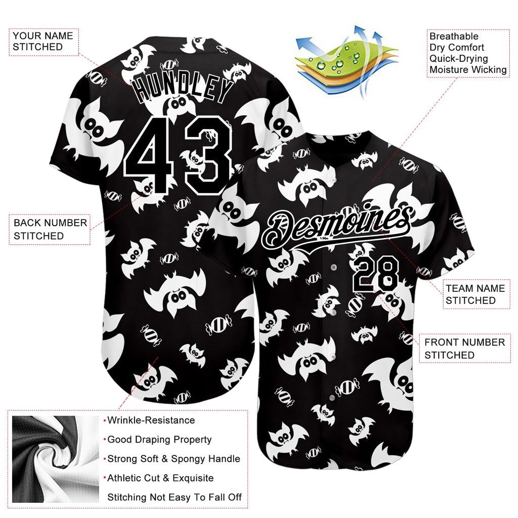 Custom Black White 3D Pattern Design Bat Authentic Baseball Jersey