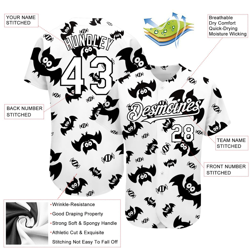 Custom White Black 3D Pattern Design Bat Authentic Baseball Jersey