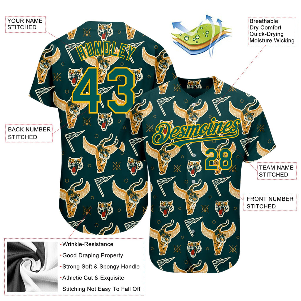 Custom Black Midnight Green-Gold 3D Pattern Design Tiger Authentic Baseball Jersey