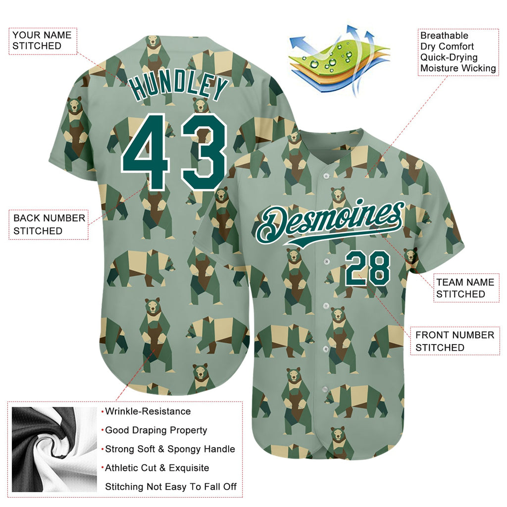 Custom Green Grass Green-White 3D Pattern Design Bear Authentic Baseball Jersey