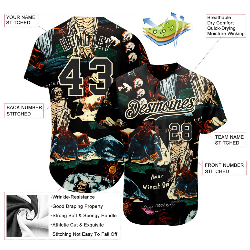 Custom Black Cream 3D Tropical Plant And Skull Fashion Authentic Baseball Jersey