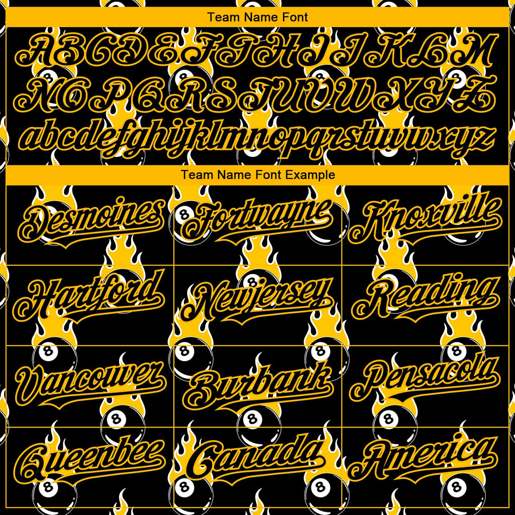 Custom Black Gold 3D Pattern Design Flaming Billiards Snooker 8 Ball Authentic Baseball Jersey