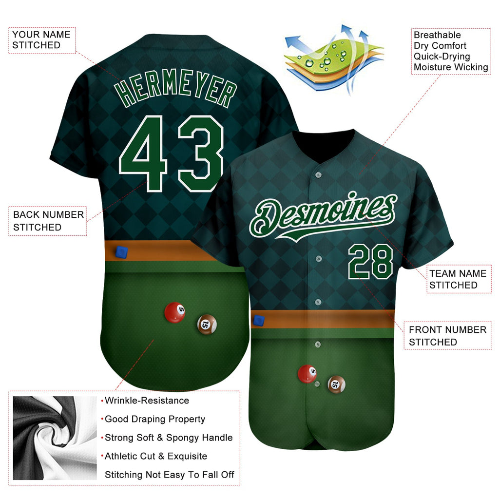 Custom Green White 3D Pattern Design Billiards Authentic Baseball Jersey