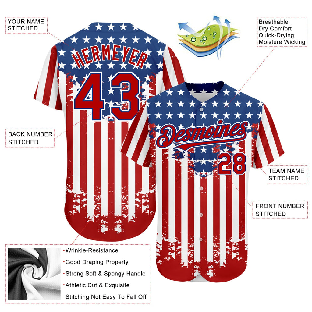 Custom Red Royal-White 3D American Flag Authentic Baseball Jersey