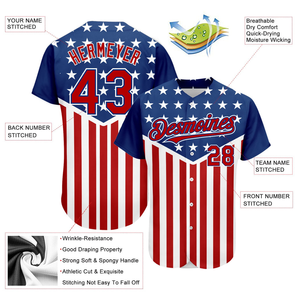 Custom Royal Red-White 3D American Flag Authentic Baseball Jersey