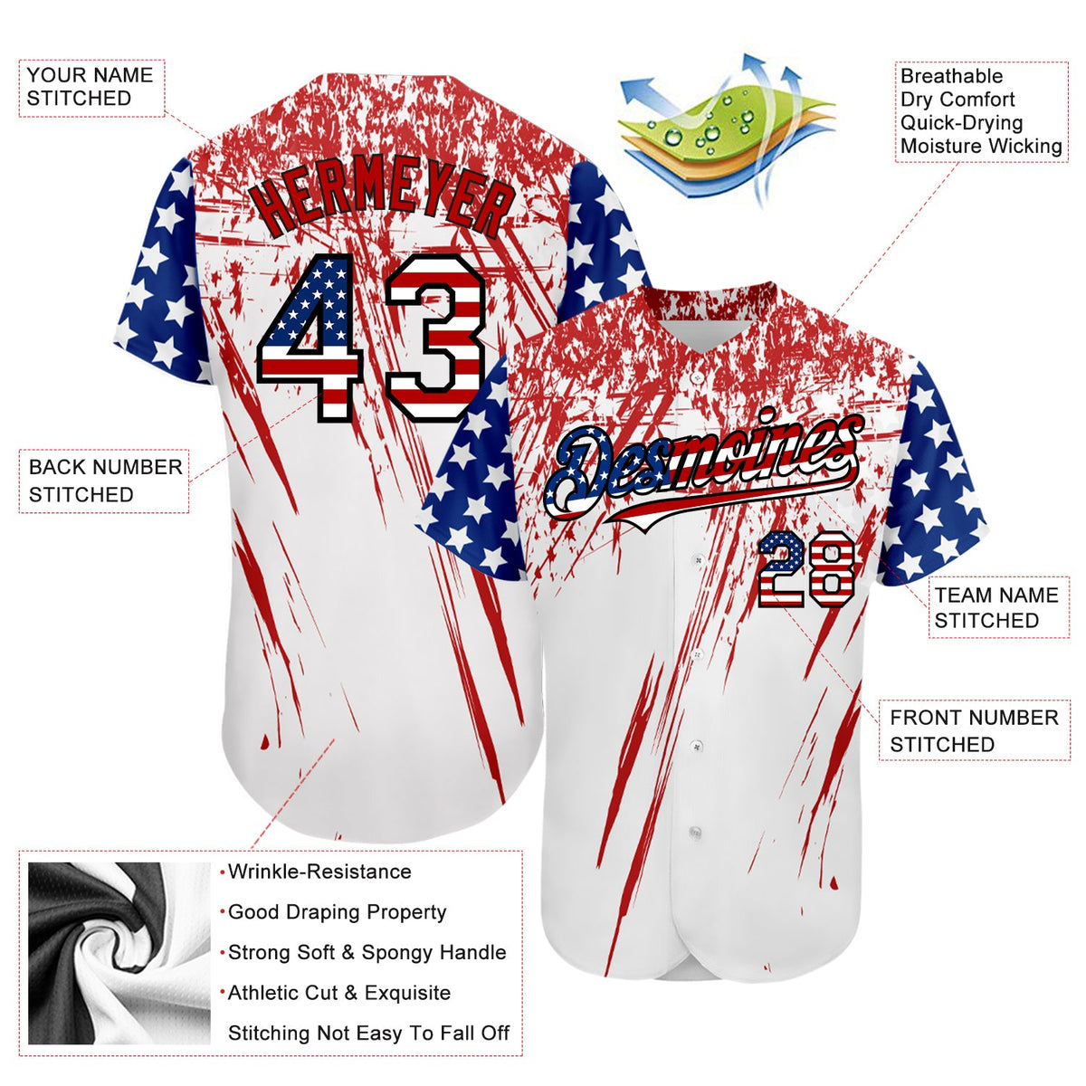 Custom White USA Flag Royal Red-Black 3D Authentic Baseball Jersey Sale ...