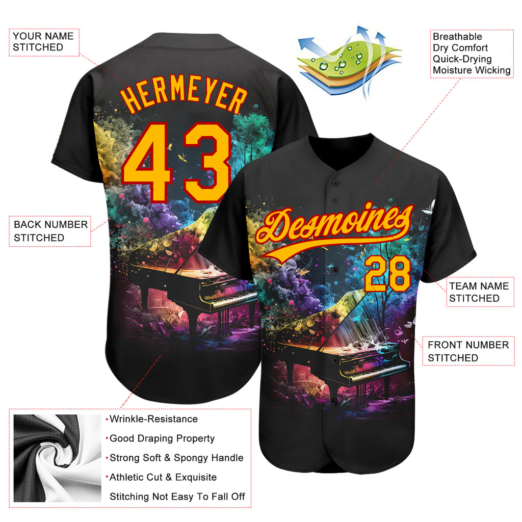 Custom Black Gold-Red 3D Pattern Design Music Festival Piano With Colorful Smoke Authentic Baseball Jersey