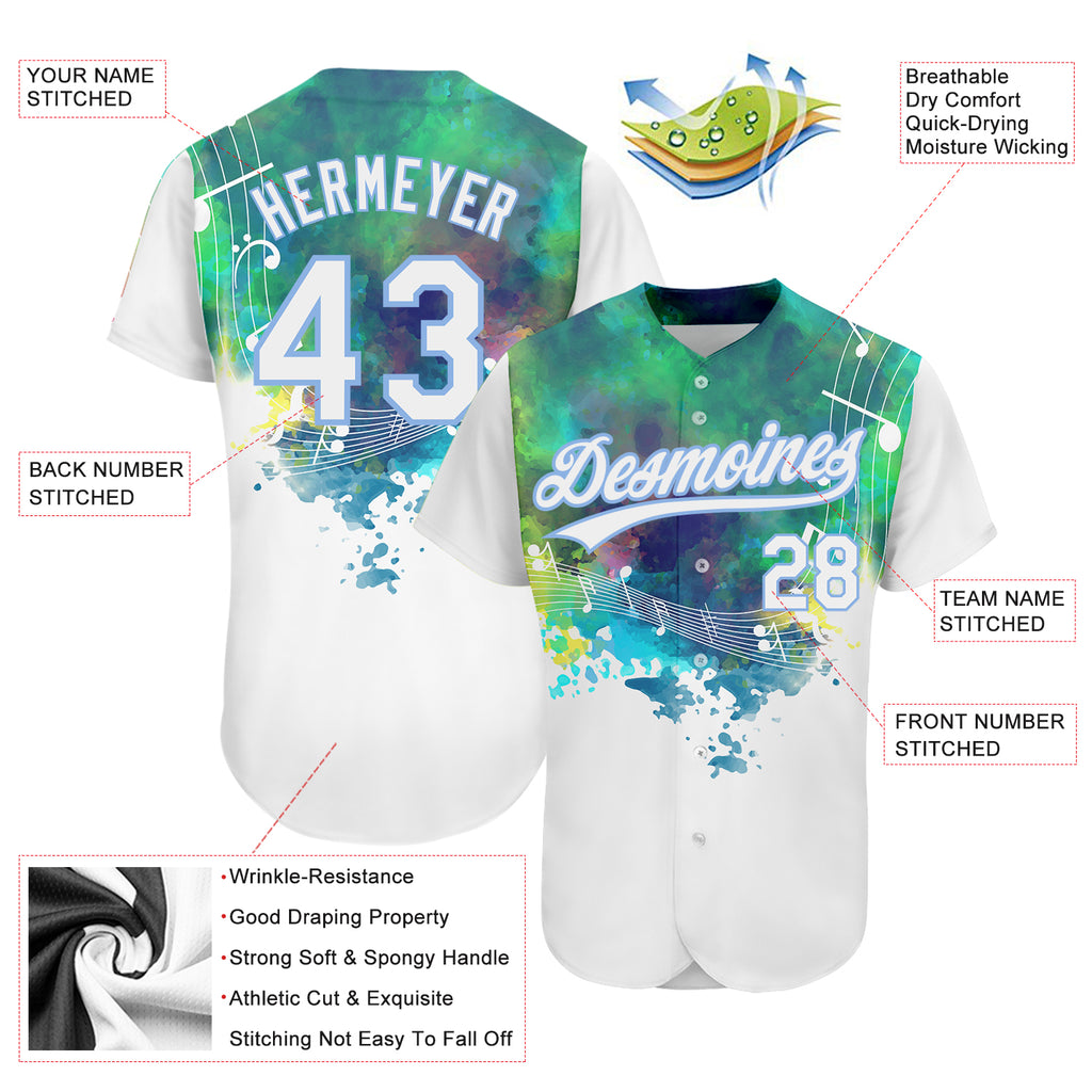 Custom White Light Blue 3D Pattern Design Music Festival Abstract Colorful Music Grunge Style Authentic Baseball Jersey