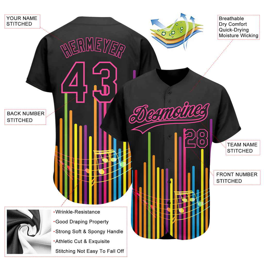 Custom Black Pink 3D Pattern Design Music Festival Abstract Music Soundwave Authentic Baseball Jersey