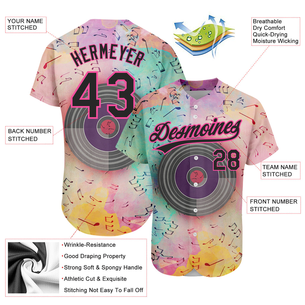 Custom Pink Black 3D Pattern Design Music Festival Watercolor Colored Musical Notes Authentic Baseball Jersey