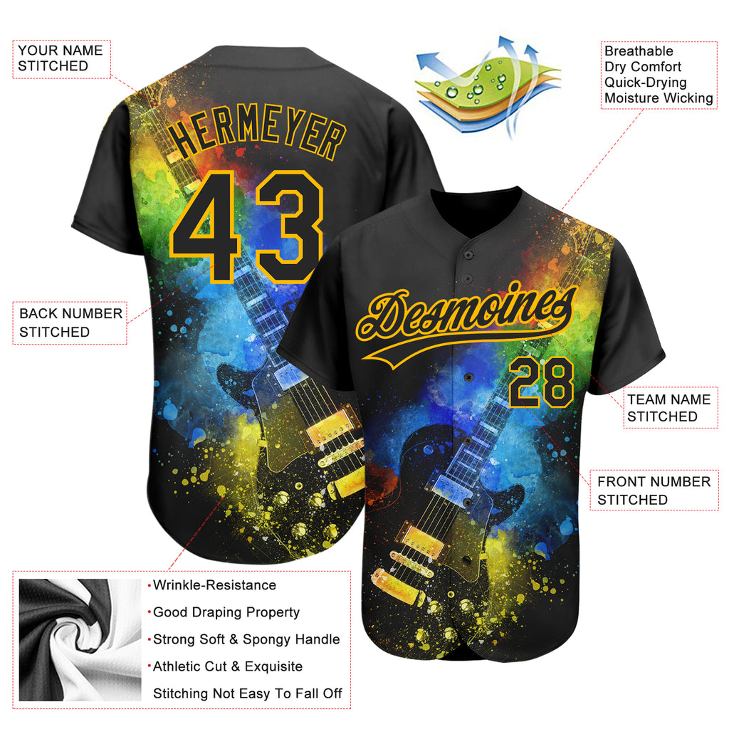 Custom Black Gold 3D Pattern Design Music Festival Guitar With Psychedelic Colors Authentic Baseball Jersey