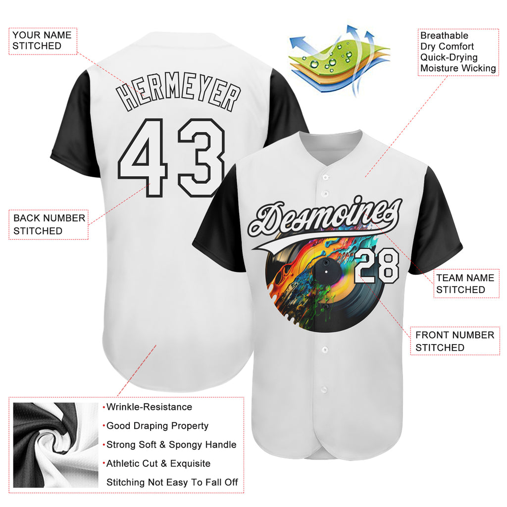 Custom White Black 3D Pattern Design Music Festival Record With Colorful Splatter Authentic Baseball Jersey