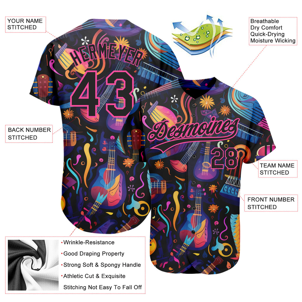 Custom Black Pink 3D Pattern Design Music Festival Musical Instruments Authentic Baseball Jersey