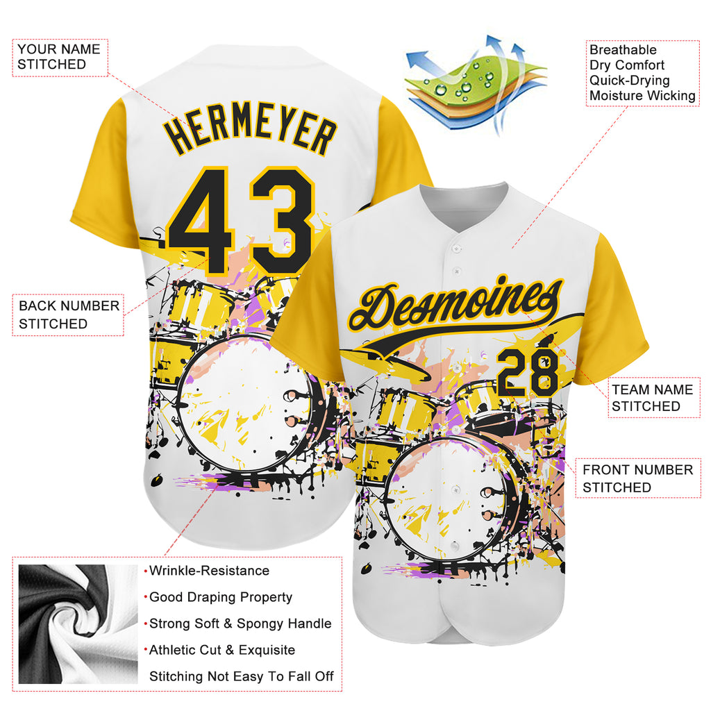 Custom White Black-Yellow 3D Pattern Design Music Festival Abstract Drum Set In Splash Authentic Baseball Jersey