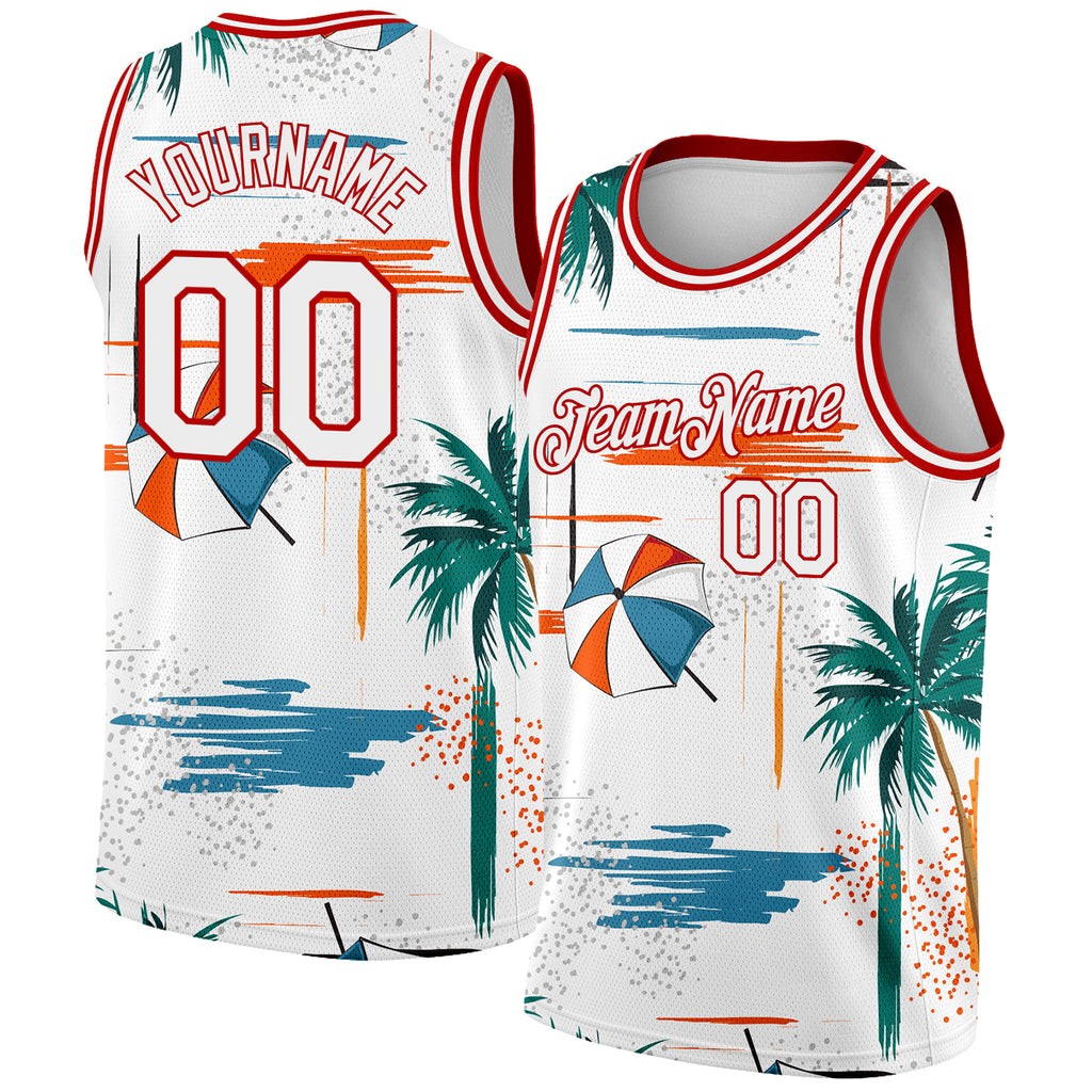 Custom White Red 3D Pattern Tropical Beach Hawaii Palm Trees Authentic Basketball Jersey