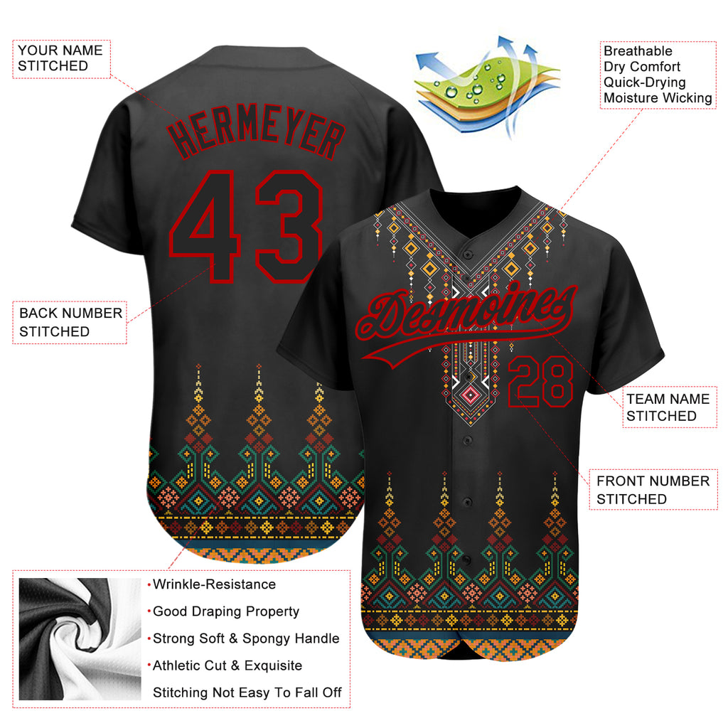 Custom Black Red 3D Pattern Design Traditional African Ethnic Style Authentic Baseball Jersey