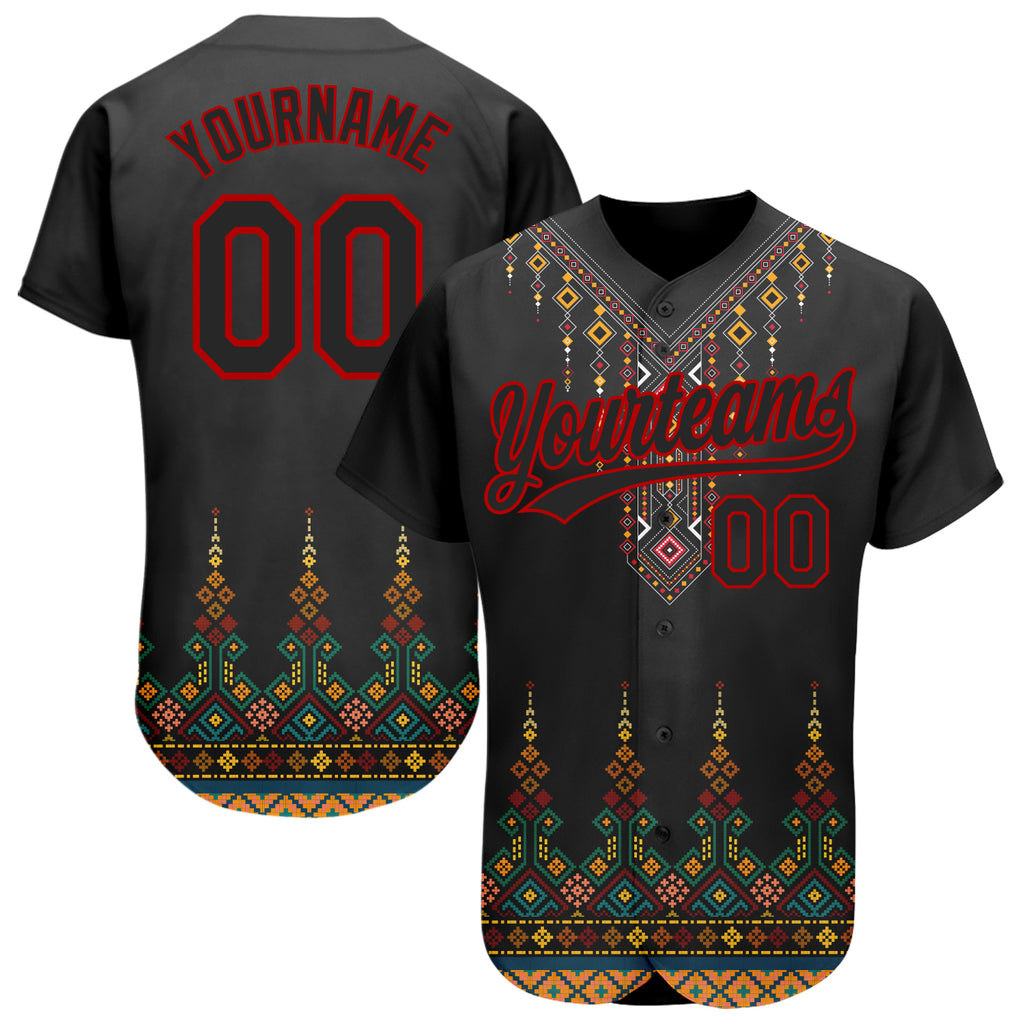Custom Black Red 3D Pattern Design Traditional African Ethnic Style Authentic Baseball Jersey