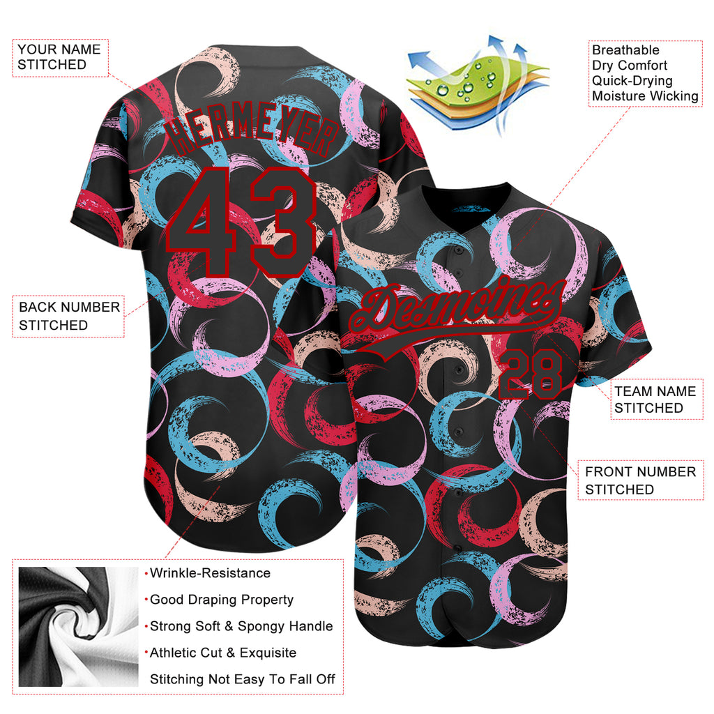 Custom Black Red 3D Pattern Design Abstract Grunge Art Authentic Baseball Jersey