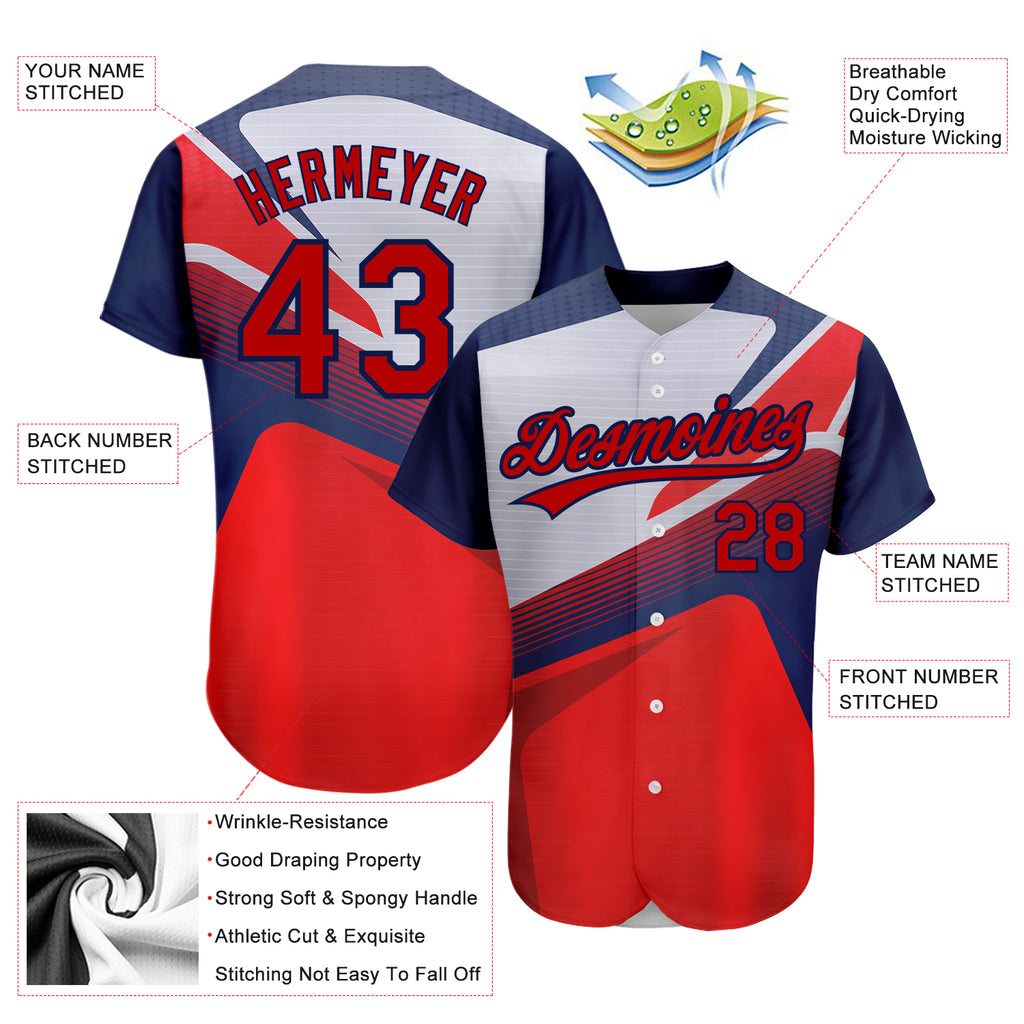 Custom Red Navy 3D Pattern Design Abstract Sport Authentic Baseball Jersey