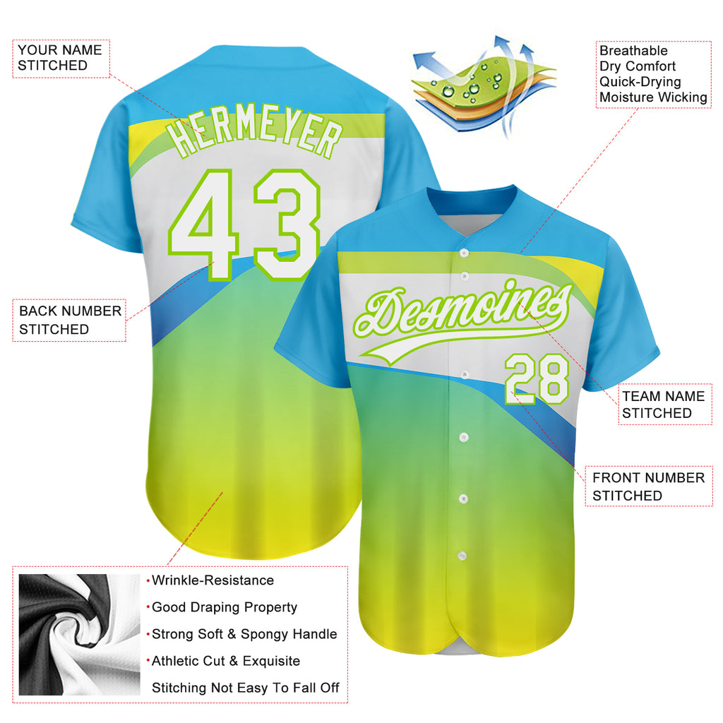 Custom Neon Green White-Sky Blue 3D Pattern Design Abstract Sport Authentic Baseball Jersey