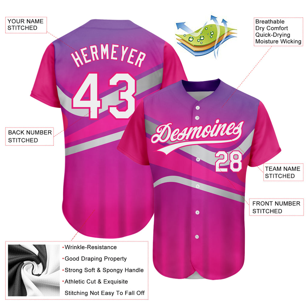 Custom Purple White-Hot Pink 3D Pattern Design Abstract Sport Authentic Baseball Jersey