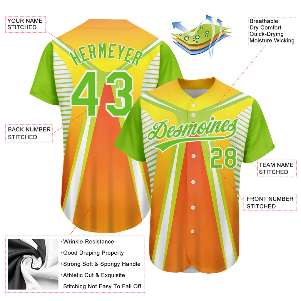 Custom Orange Neon Green-White 3D Pattern Design Abstract Sport Authentic Baseball Jersey