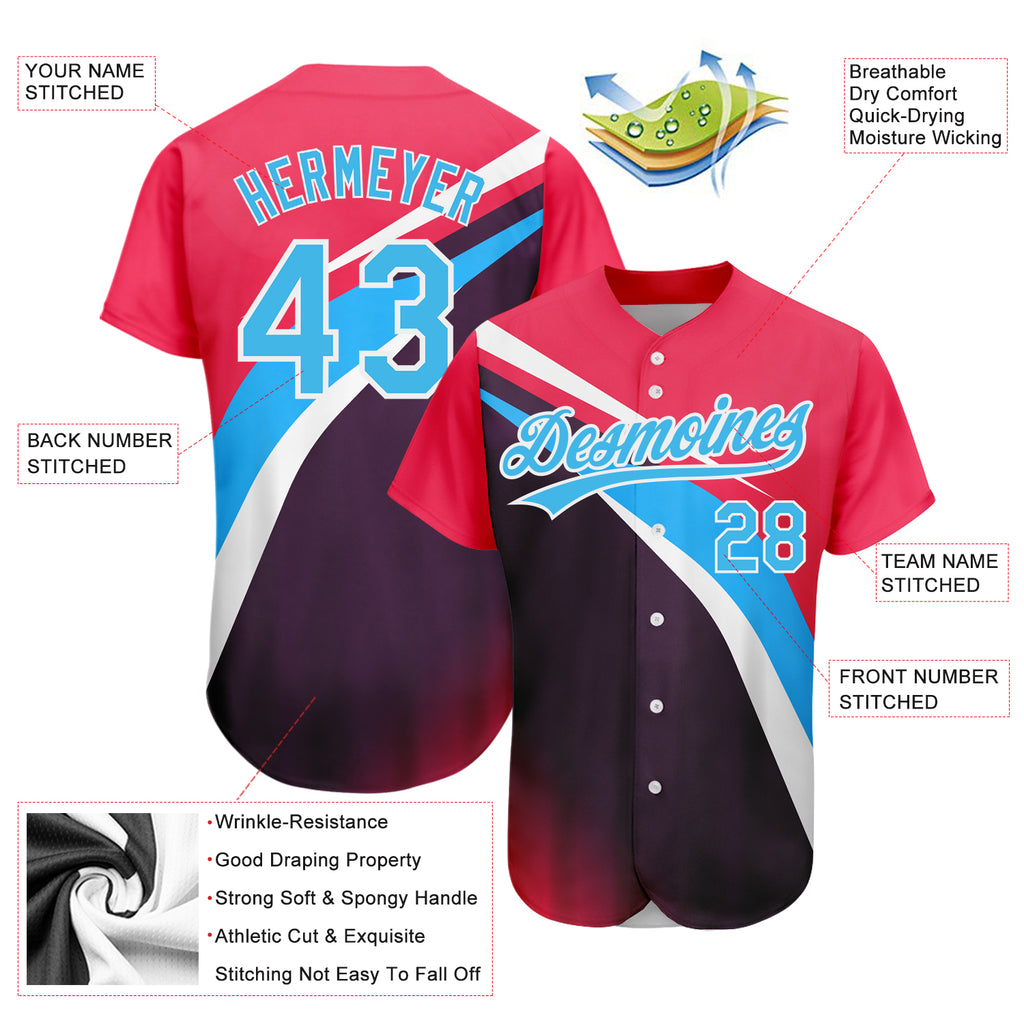 Custom Neon Pink Sky Blue Purple-White 3D Pattern Design Abstract Sport Authentic Baseball Jersey