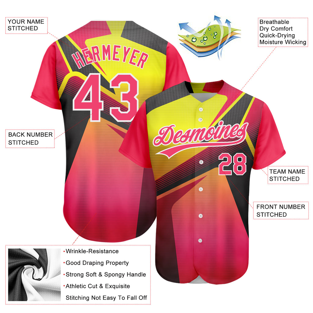 Custom Neon Pink Neon Yellow-White 3D Pattern Design Abstract Sport Authentic Baseball Jersey