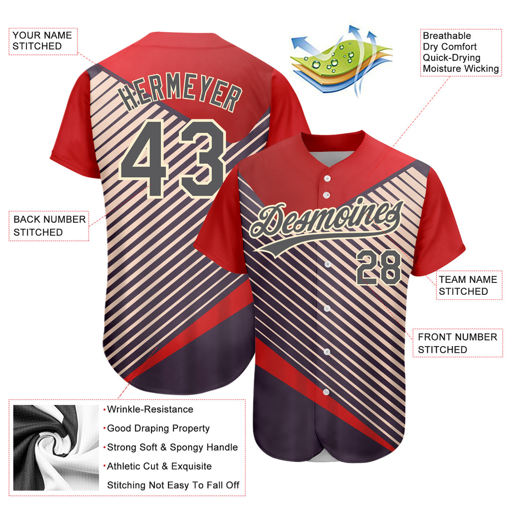Custom Red Steel Gray=Cream 3D Pattern Design Abstract Sport Authentic Baseball Jersey