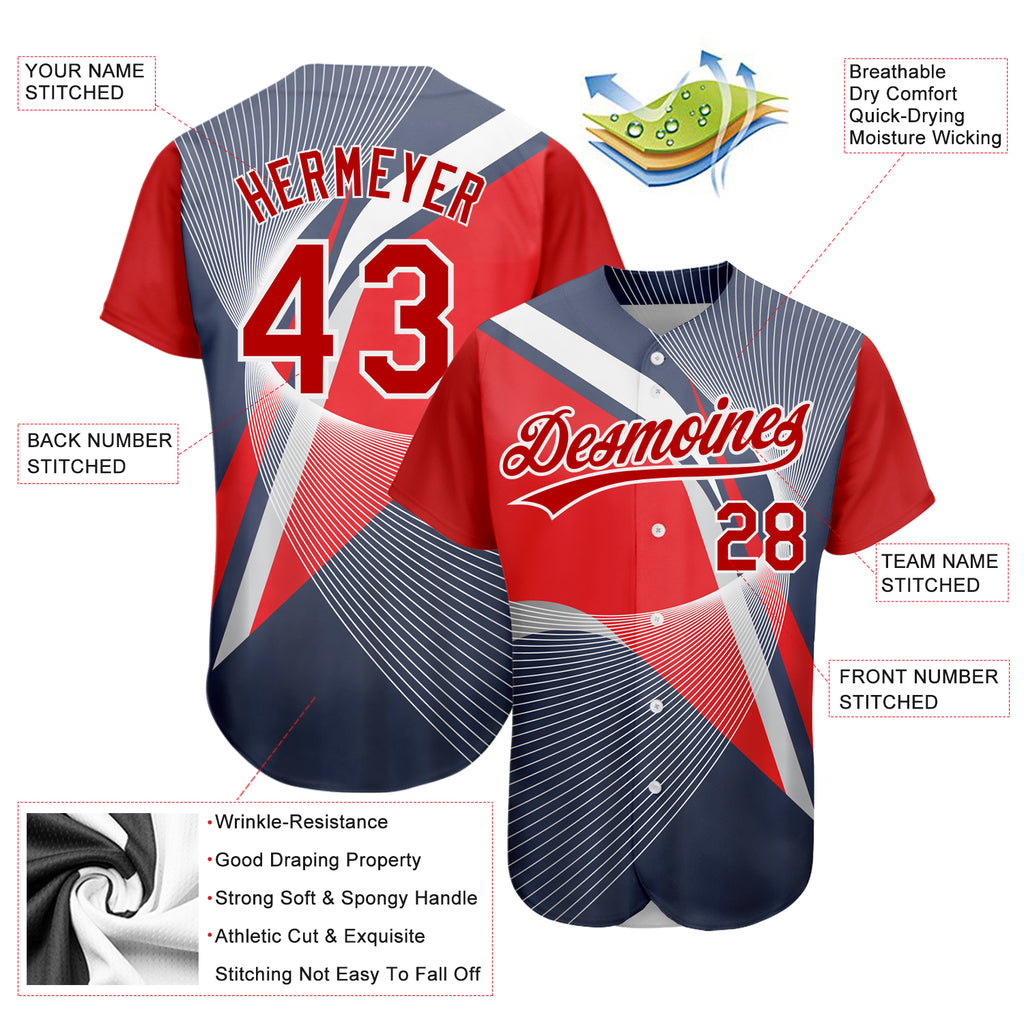 Custom Navy Red-White 3D Pattern Design Abstract Sport Authentic Baseball Jersey